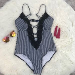 🔥Closing Sale🔥 Striped Lace V-Neck One Piece